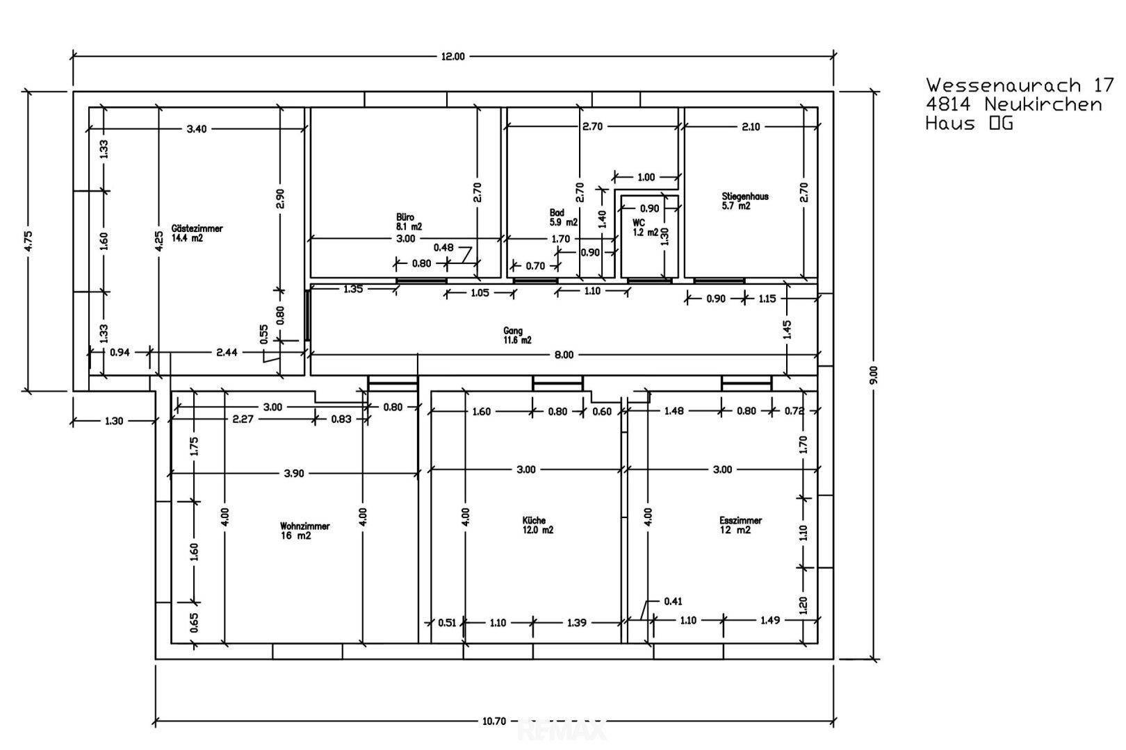 Grundriss des Obergeschosses mit Wohnzimmer, Küche, Esszimmer, Schlafzimmer, Bad und separatem WC.