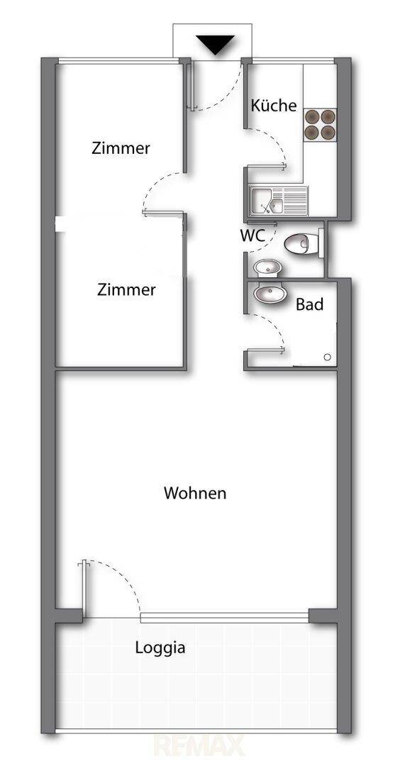 Übersichtlicher Grundriss mit Zimmern, Küche, Bad, separatem WC und Loggia.