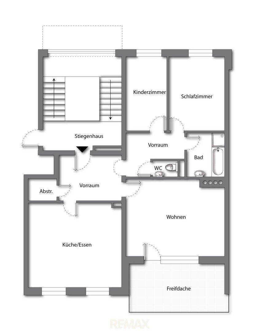 Grundrissplan einer Wohnung mit separater Küche, Wohnzimmer, zwei Schlafzimmern und Freifläche.
