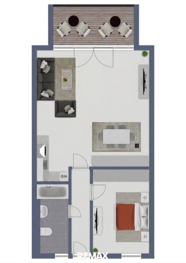 Grundriss einer Wohnung mit offenem Wohnbereich, Schlafzimmer, Bad und Balkon.