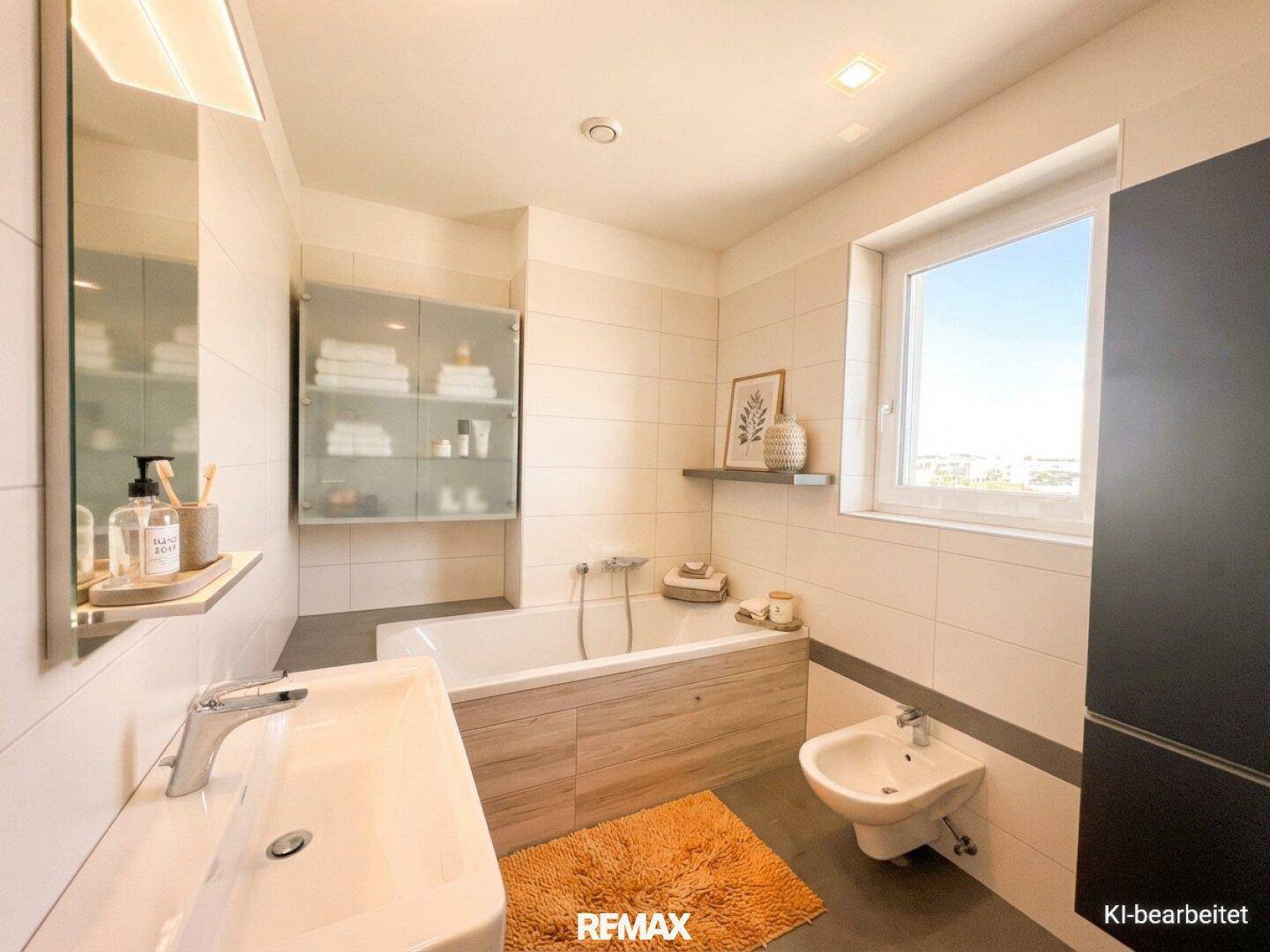 Modernes Badezimmer mit Badewanne, Bidet, Einzelwaschbecken, Fenster und beheiztem Handtuchhalter.