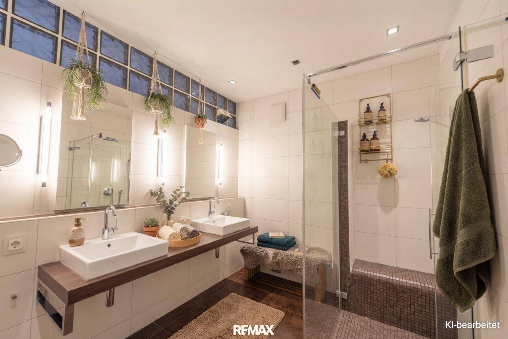 Modernes Badezimmer mit Doppelwaschbecken, großer begehbarer Dusche und Glasbausteinen.
