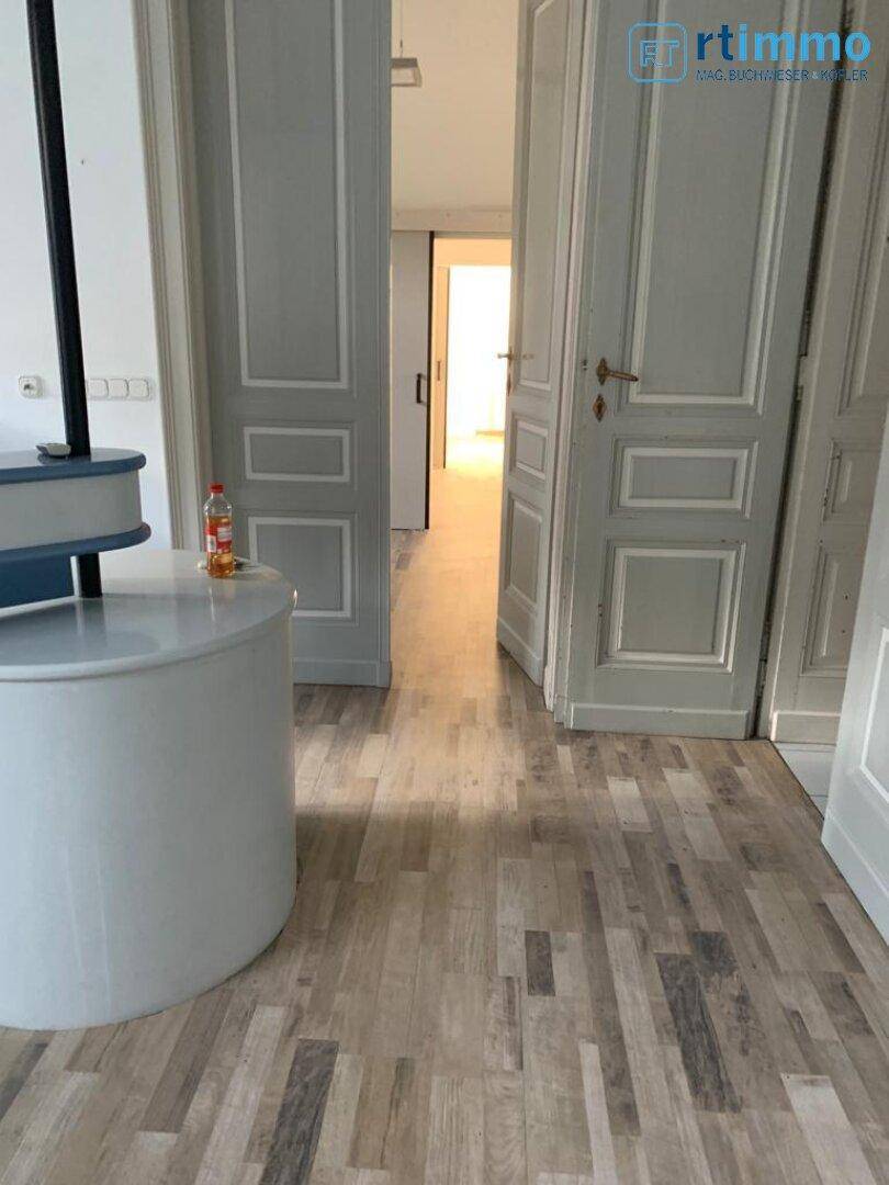 Heller Flur mit Holzboden und klassischen Türen, die zu weiteren Räumen führen.