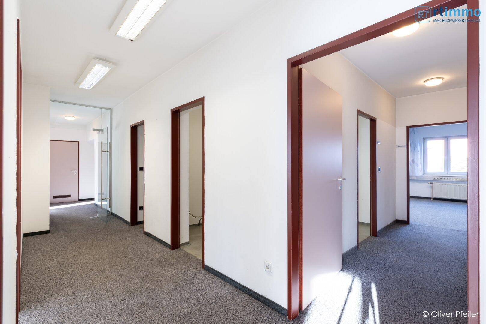 Langer Flur mit Teppichboden, Glastür und mehreren Bürotüren.