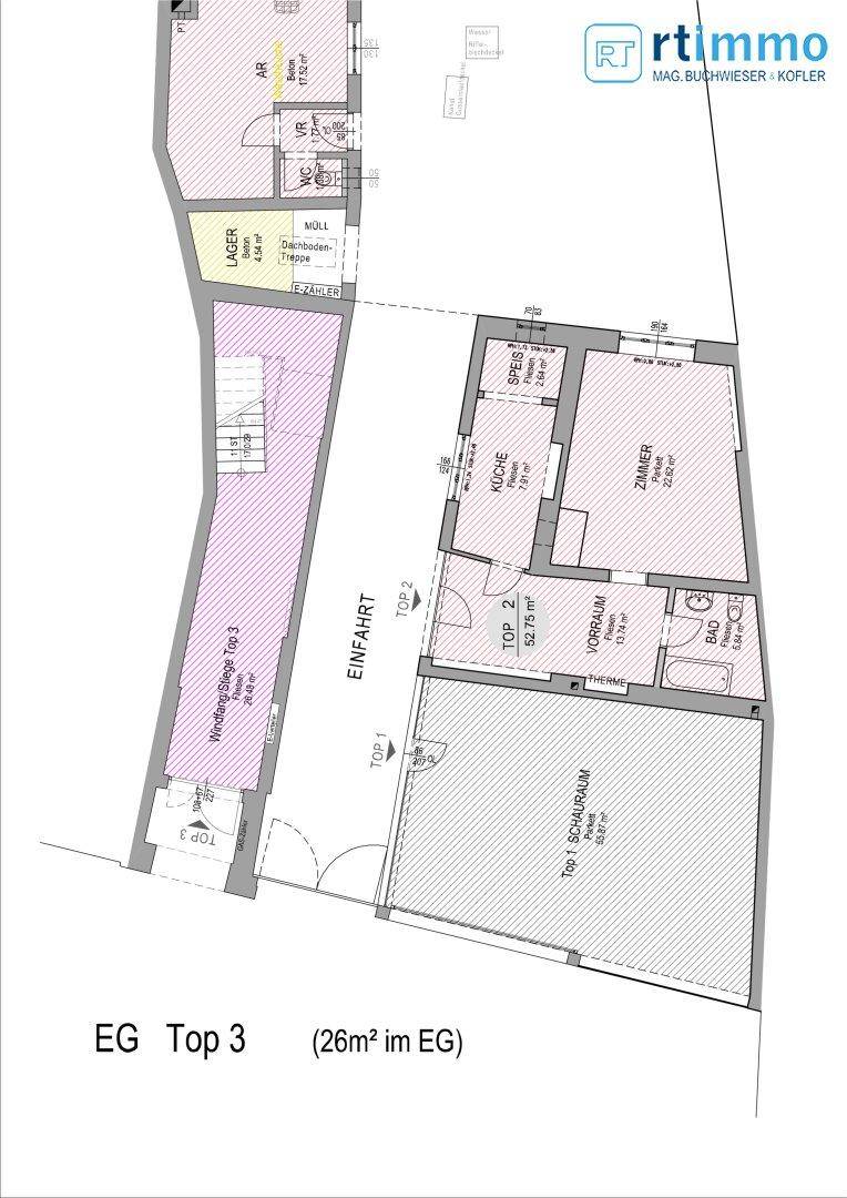 Grundriss des Erdgeschosses mit verschiedenen Räumen, Balkon, Terrasse und Garten.