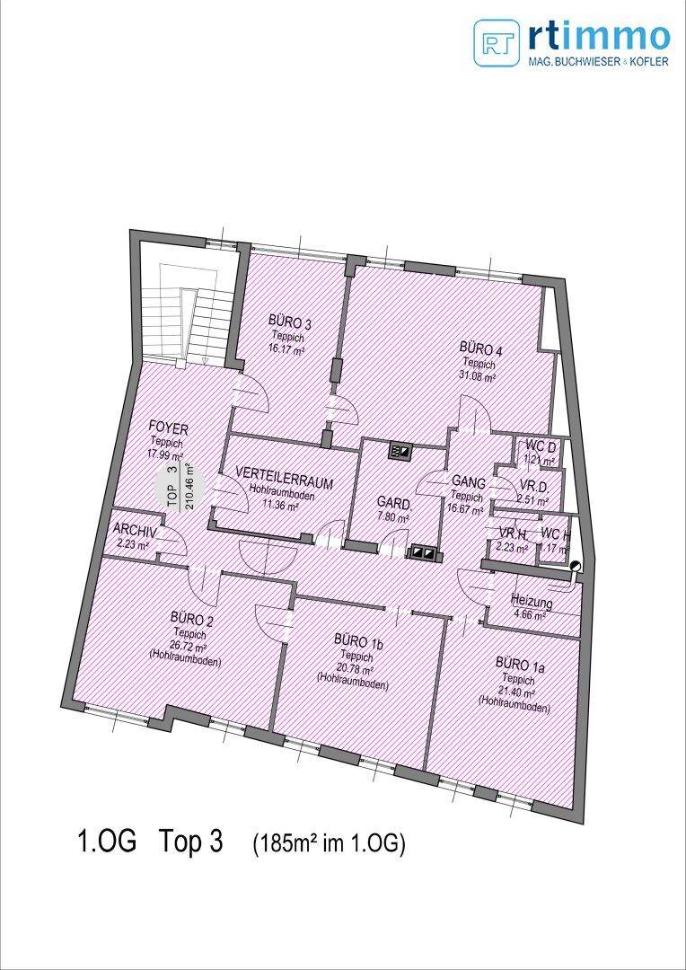 Grundriss des ersten Obergeschosses mit mehreren Büroräumen und Foyer.