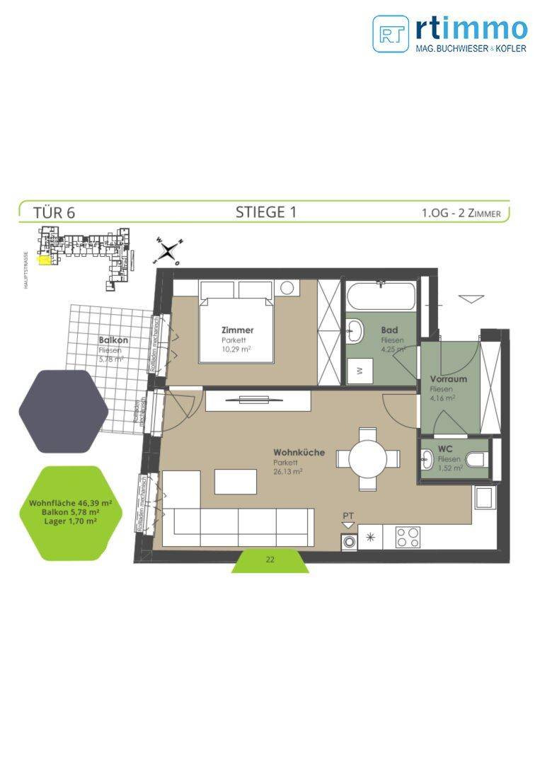 Grundriss einer 2-Zimmer-Wohnung im ersten Obergeschoss mit Balkon und separatem WC.