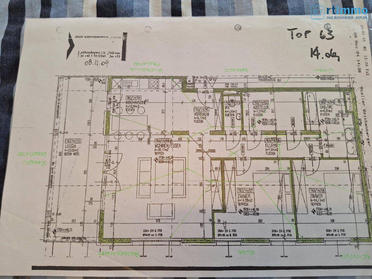 Detaillierter Grundriss einer Wohnung mit offenem Wohn-Essbereich, Kochnische, zwei Zimmern, Bad und Loggia.