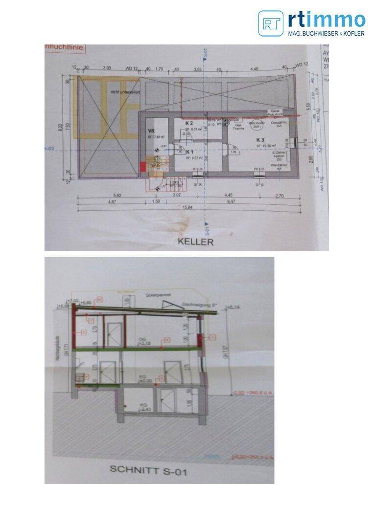 Grundriss des Kellergeschosses und Schnittansicht des Gebäudes mit mehreren Etagen und Flachdach.