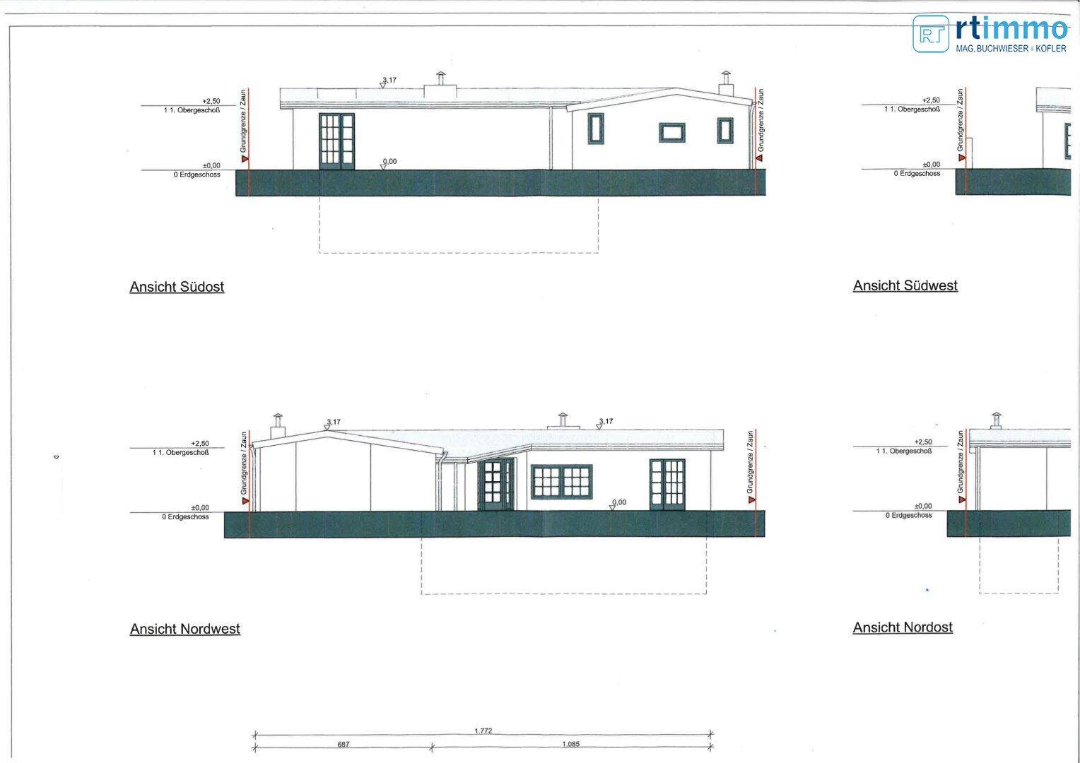 Weitere architektonische Ansichten des Gebäudes von Südost und Nordwest mit strukturellen Details.