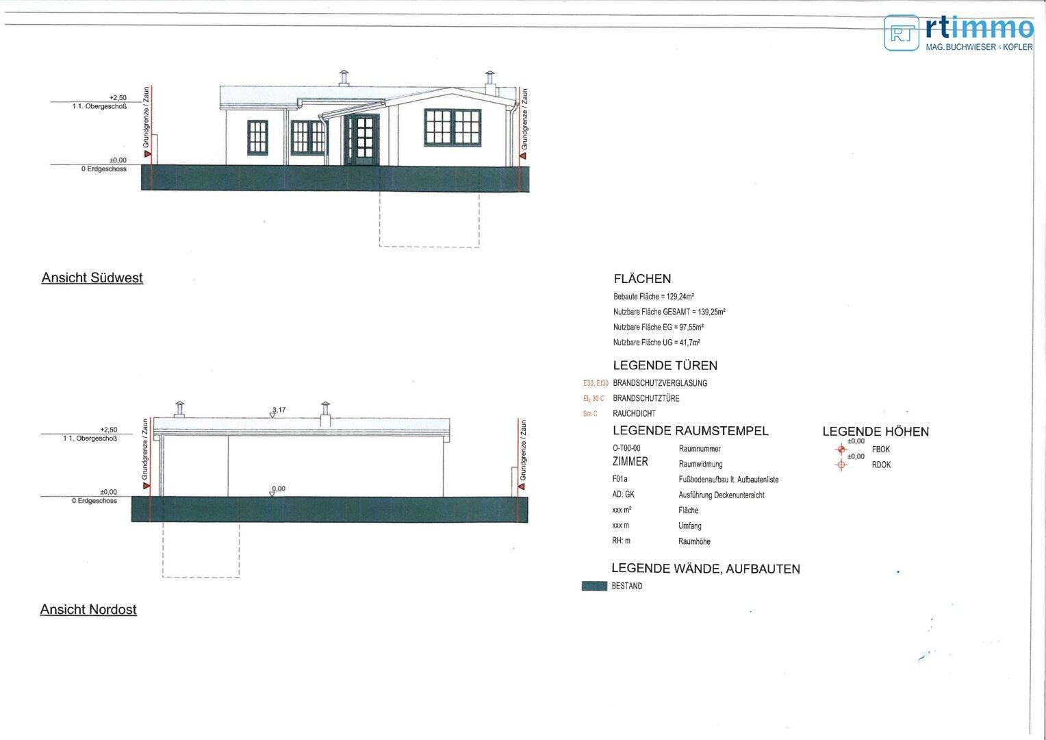 Architektonische Ansichten des Gebäudes von Südwest und Nordost mit relevanten Höhenangaben.