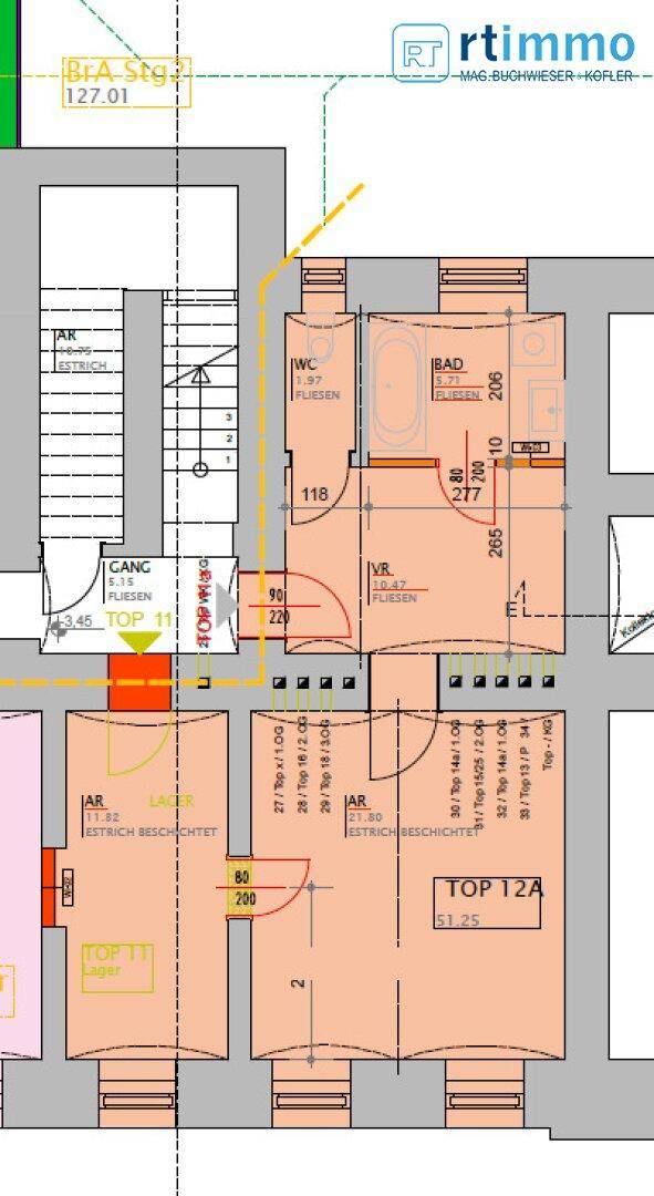 Detaillierter Grundriss der Wohnung mit Raumaufteilung und Zugang zum Treppenhaus.