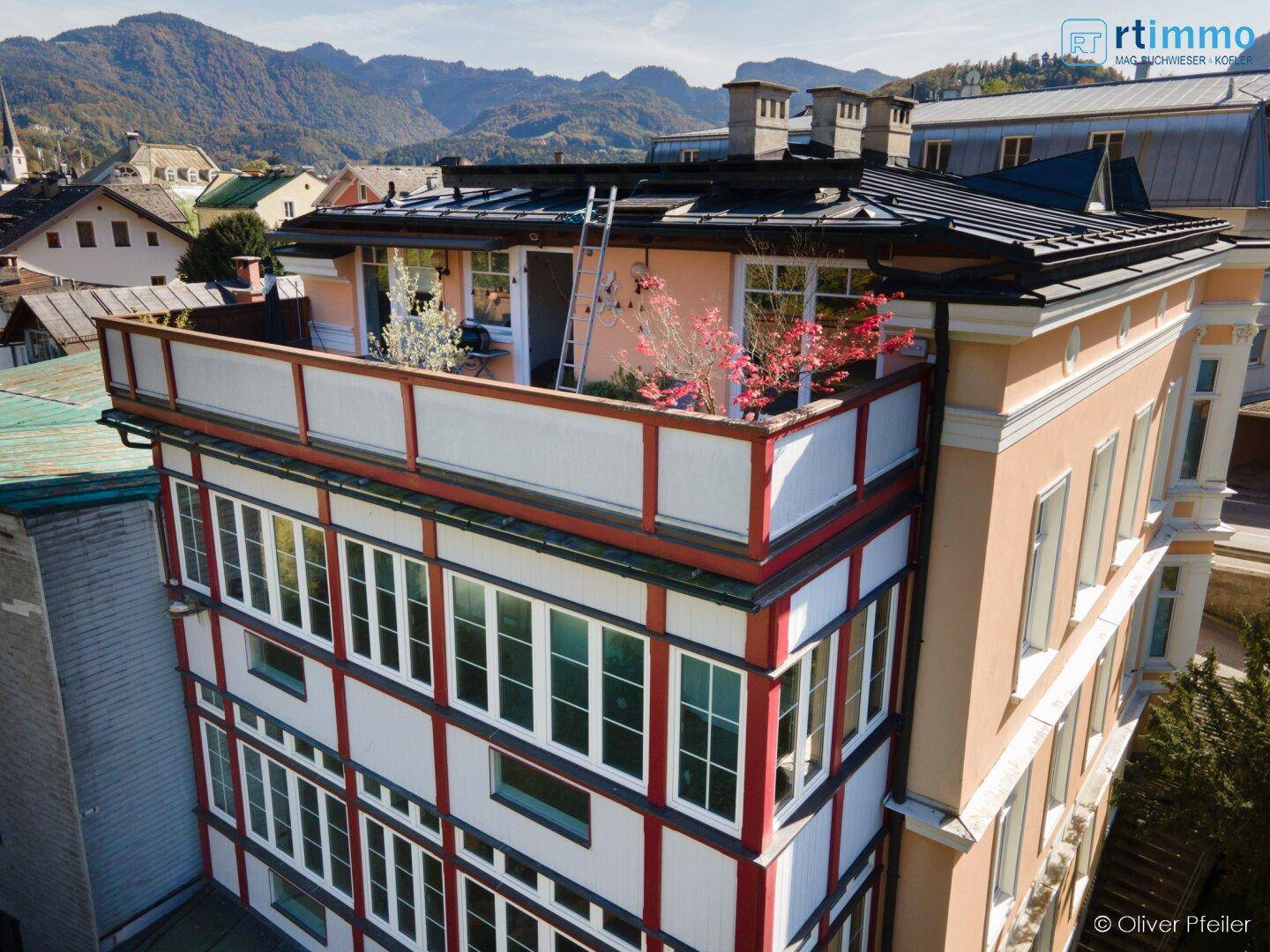 Dachterrasse mit Pflanzen und Blick auf die umliegende Berglandschaft.