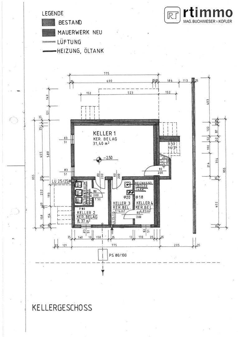 Grundriss des Kellergeschosses mit detaillierter Aufteilung der Kellerräume und Mauerwerkslegende.