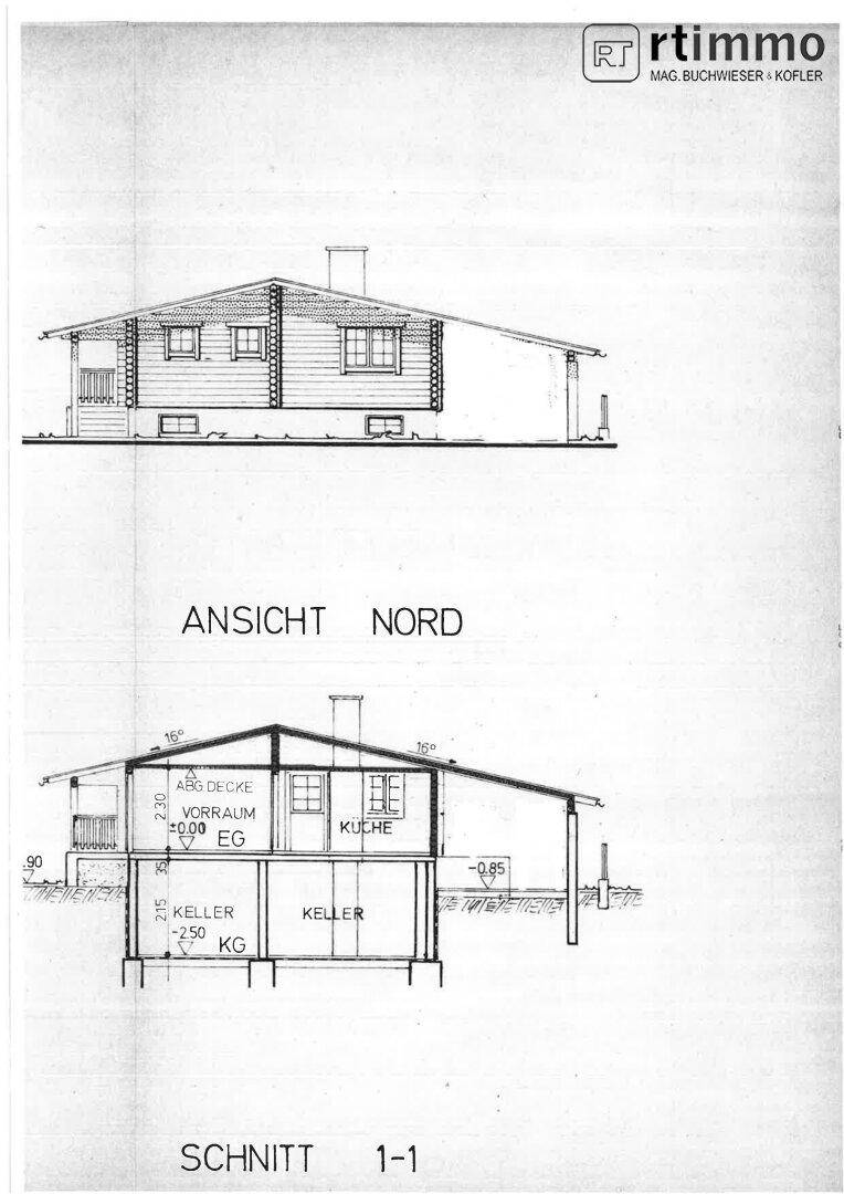 Architektonische Zeichnungen mit Nordansicht und Schnittdarstellung des Gebäudes, inklusive Keller und Dach.