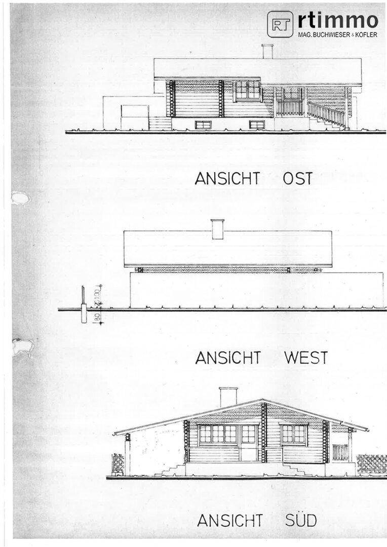 Architektonische Ansichten des Gebäudes von Osten, Westen und Süden, die die Fassadengestaltung zeigen.