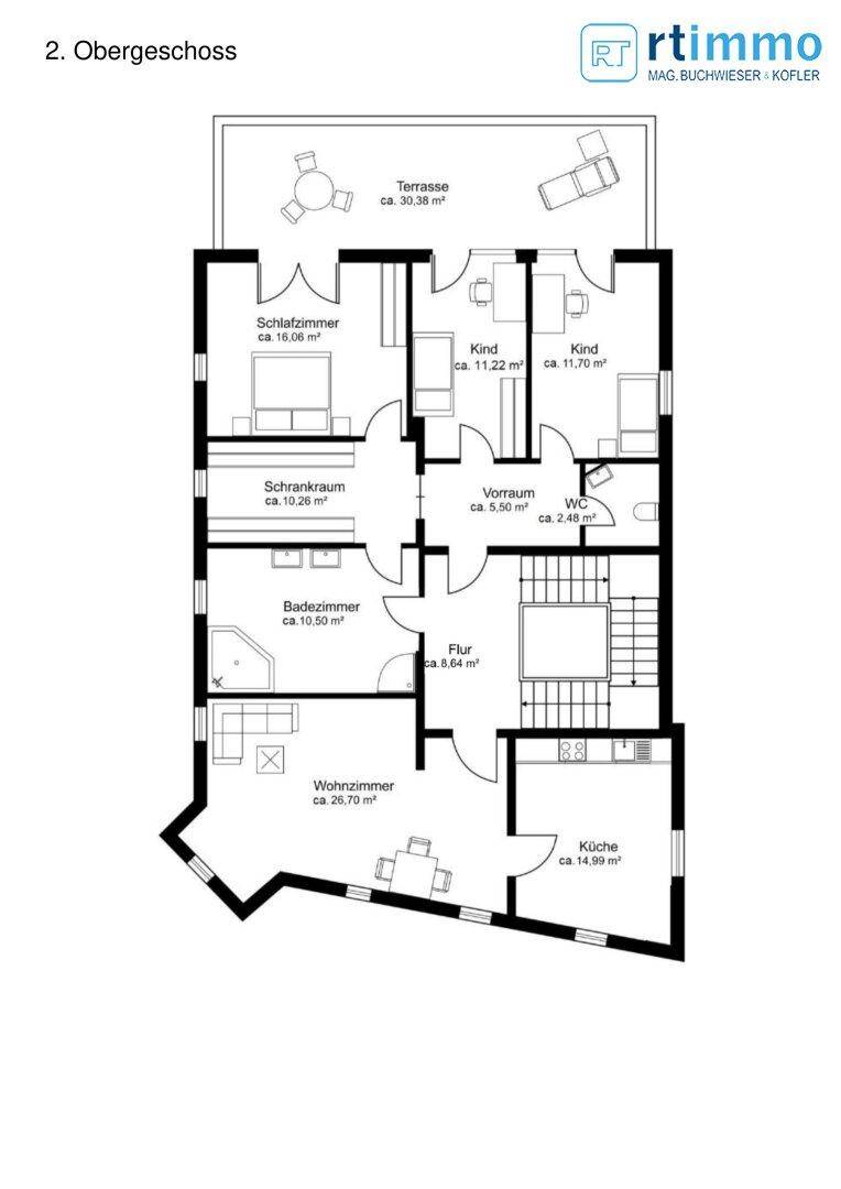 Grundriss des zweiten Obergeschosses mit Terrasse, Schlafzimmern, Wohnzimmer und Küche.
