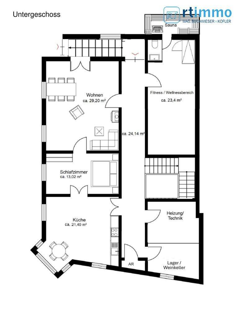 Grundriss des Untergeschosses mit Wohnbereich, Schlafzimmer, Wellnessbereich und Weinkeller.