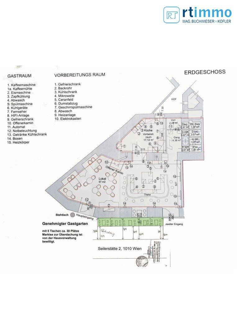 Grundriss eines Gastronomiebetriebs im Erdgeschoss mit Gastraum, Küche, Vorbereitungsraum und genehmigtem Gastgarten.