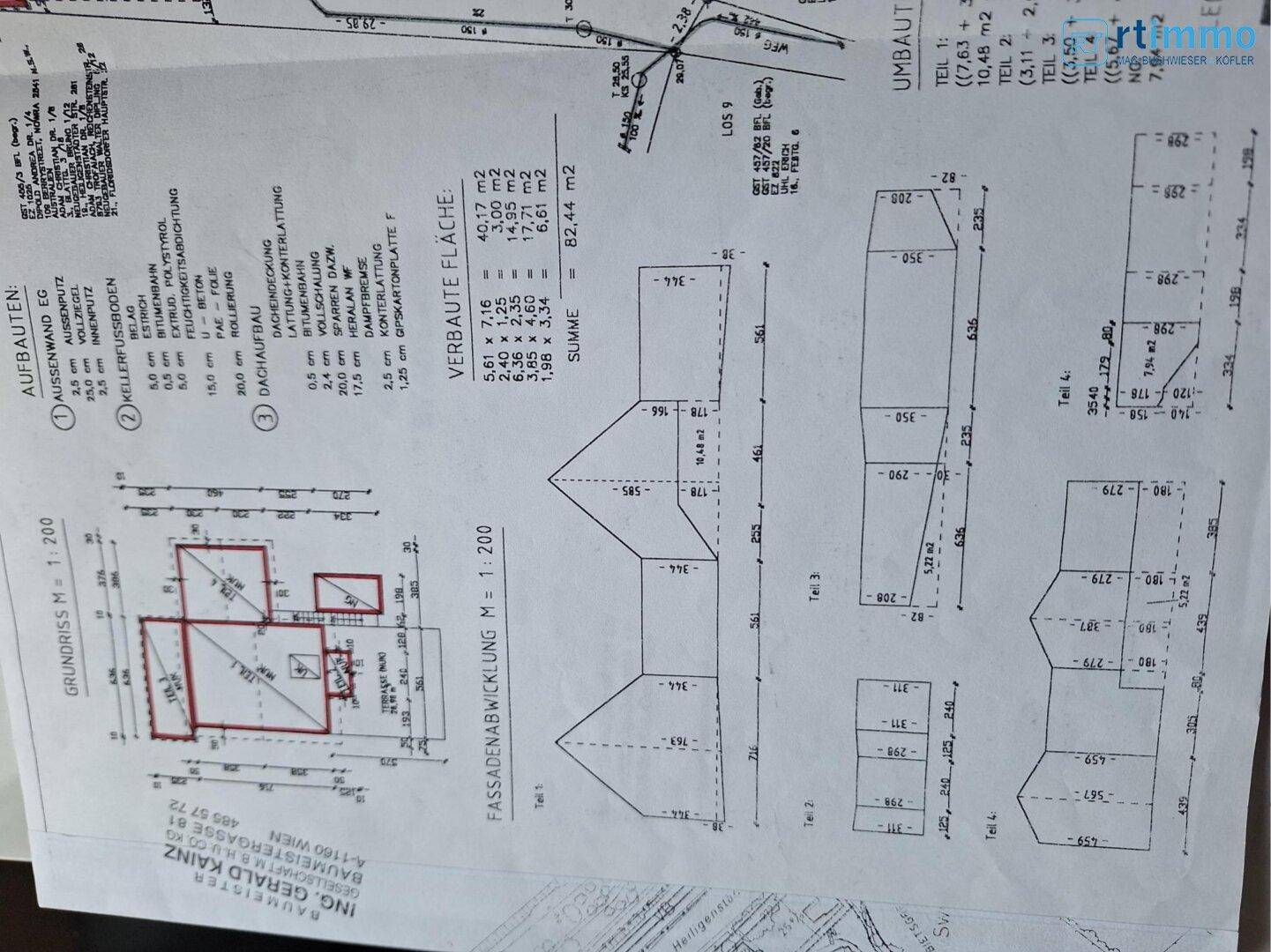 Architektonische Zeichnung mit Grundriss, Fassadenabwicklung und detaillierten Maßen des Gebäudes.