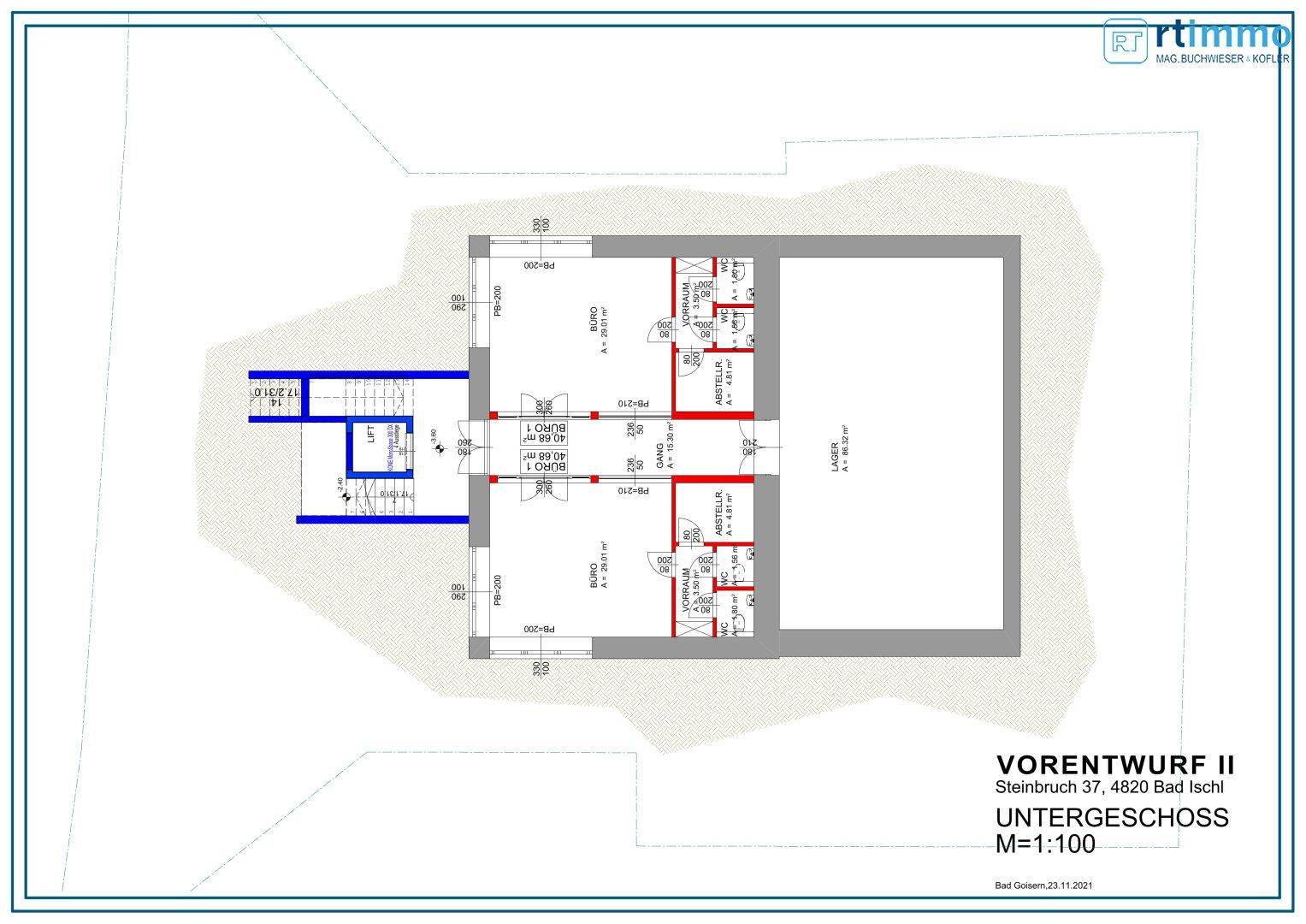 Grundriss des Untergeschosses mit Lagerflächen und Technikräumen.