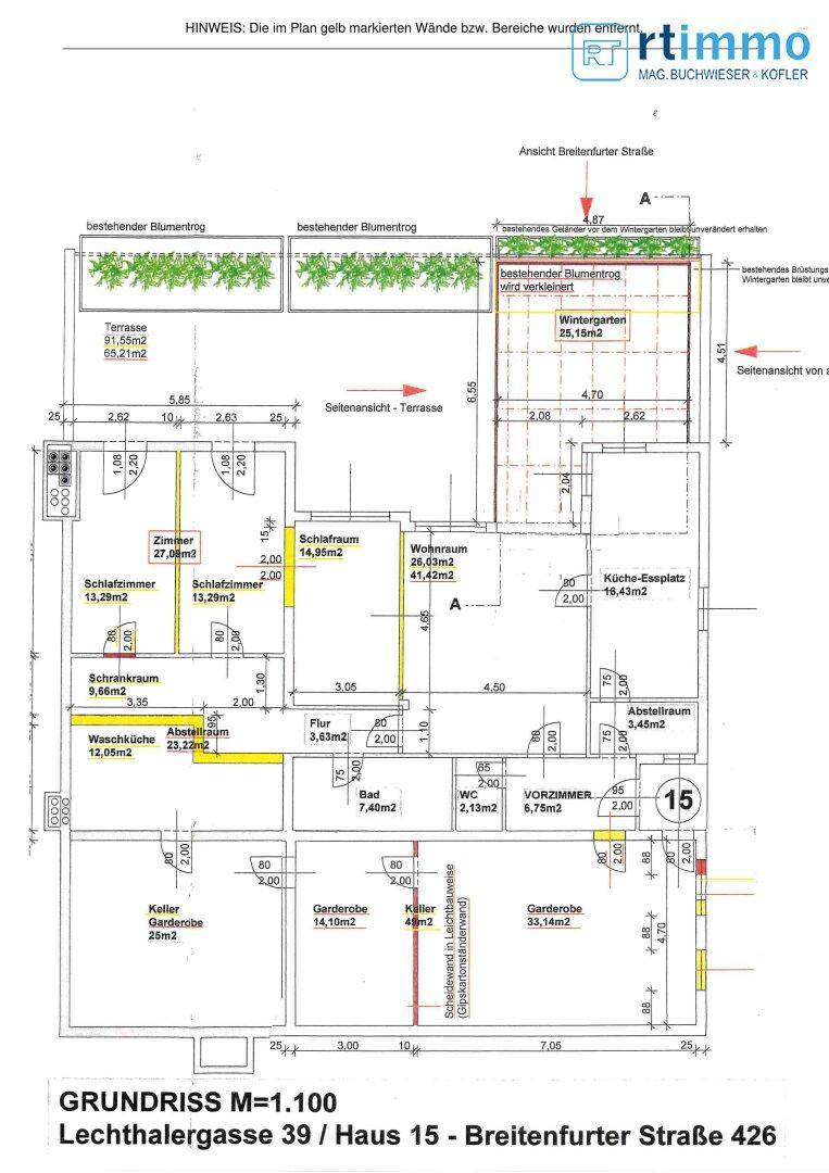 Detaillierter Grundrissplan mit Raumaufteilung, Wintergarten und Terrassenflächen.