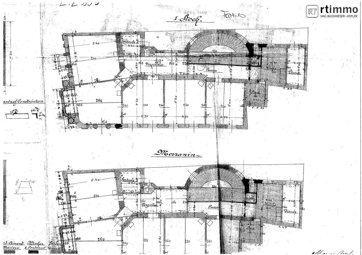 Historischer Grundrissplan zeigt die Aufteilung des ersten Stocks und des Mezzanins mit Maßangaben.
