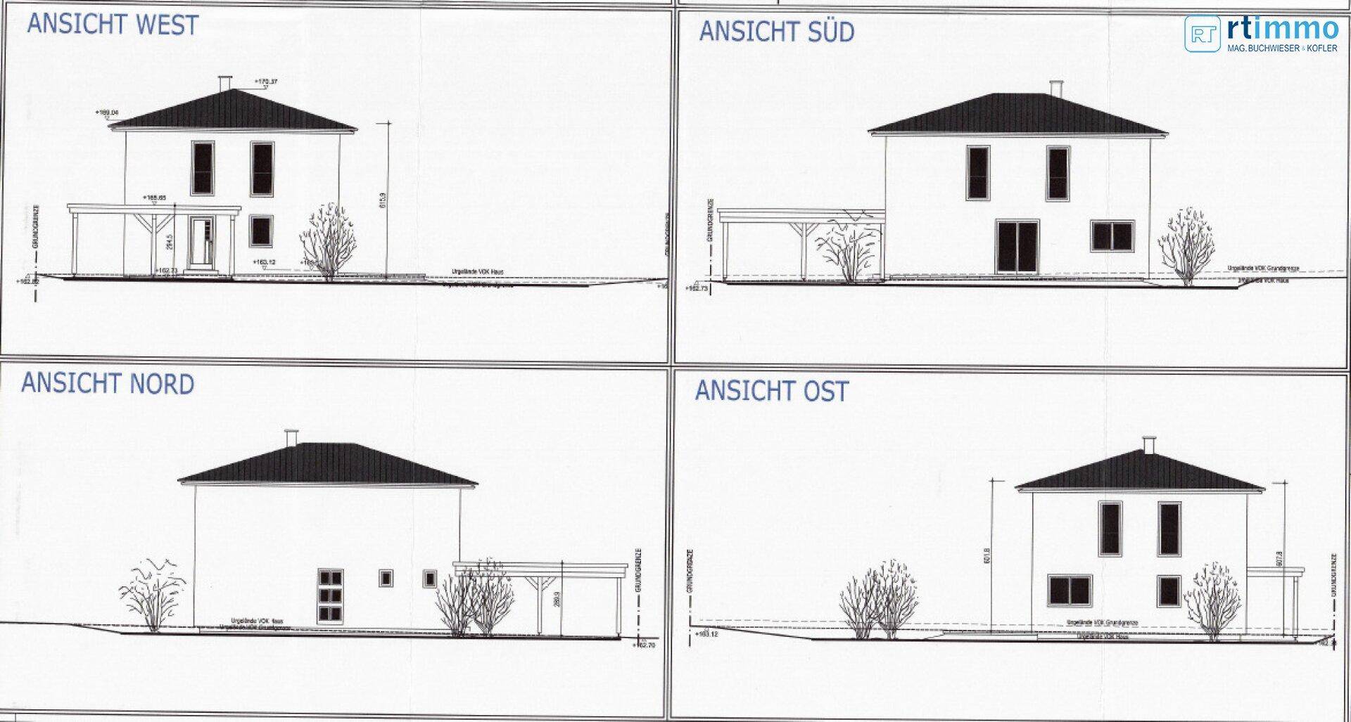 Architektonische Ansichten des Hauses von allen vier Seiten mit Fenster- und Türpositionen.