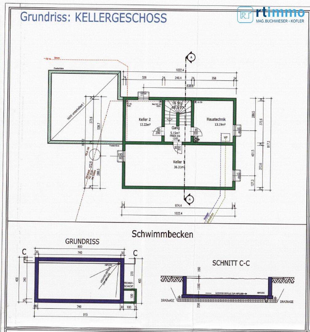 Grundriss des Kellergeschosses mit zwei Kellerräumen, Haustechnik und Schwimmbecken-Details.