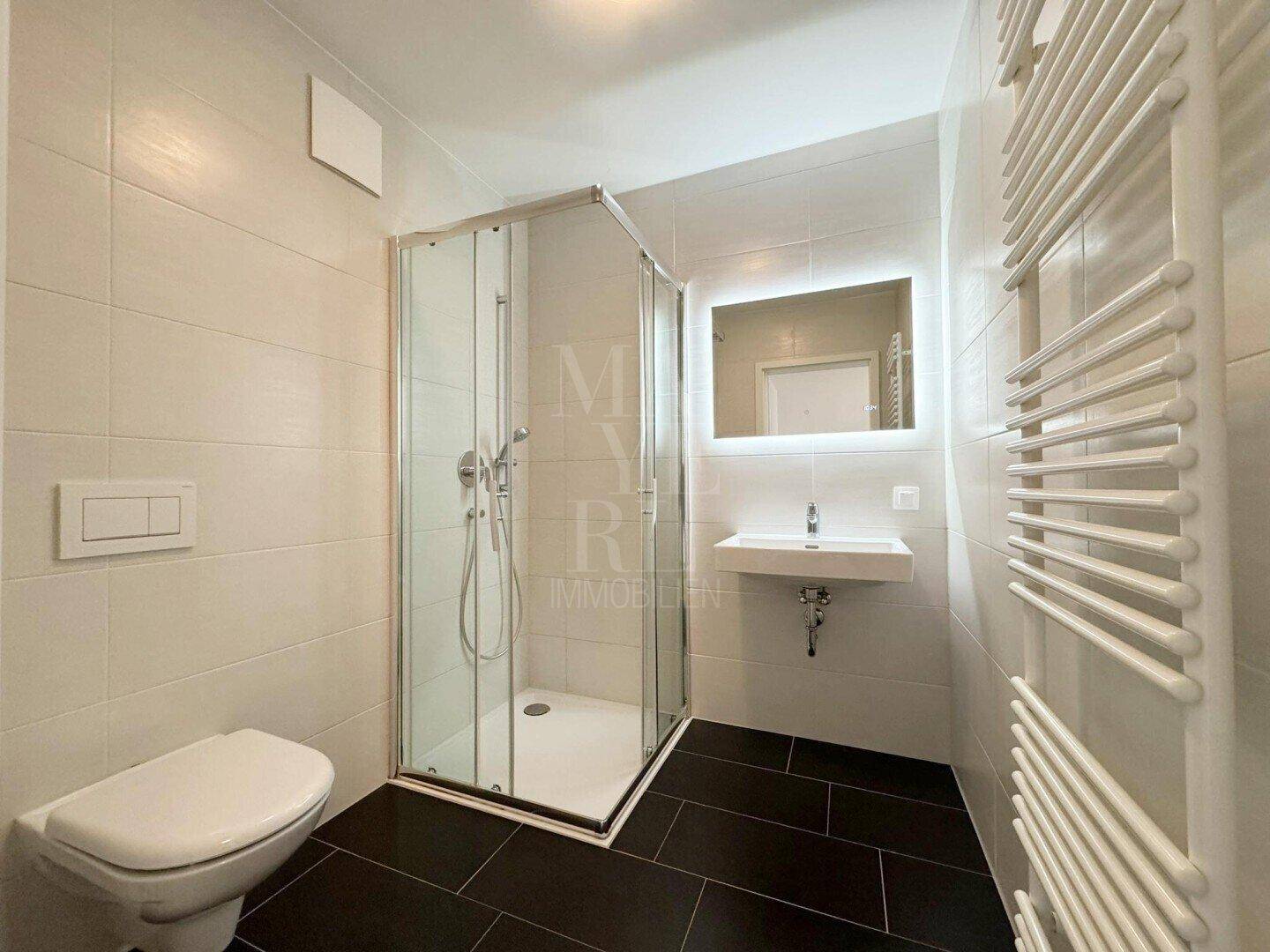 Modernes Badezimmer mit Duschkabine, WC, Einzelwaschbecken und Fliesenboden.