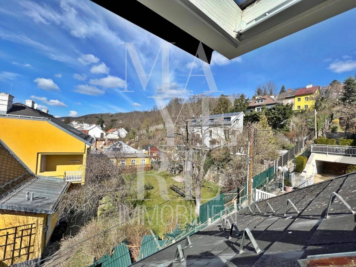 Panoramablick über die Dächer der Nachbarschaft und die umliegende grüne Hügellandschaft.