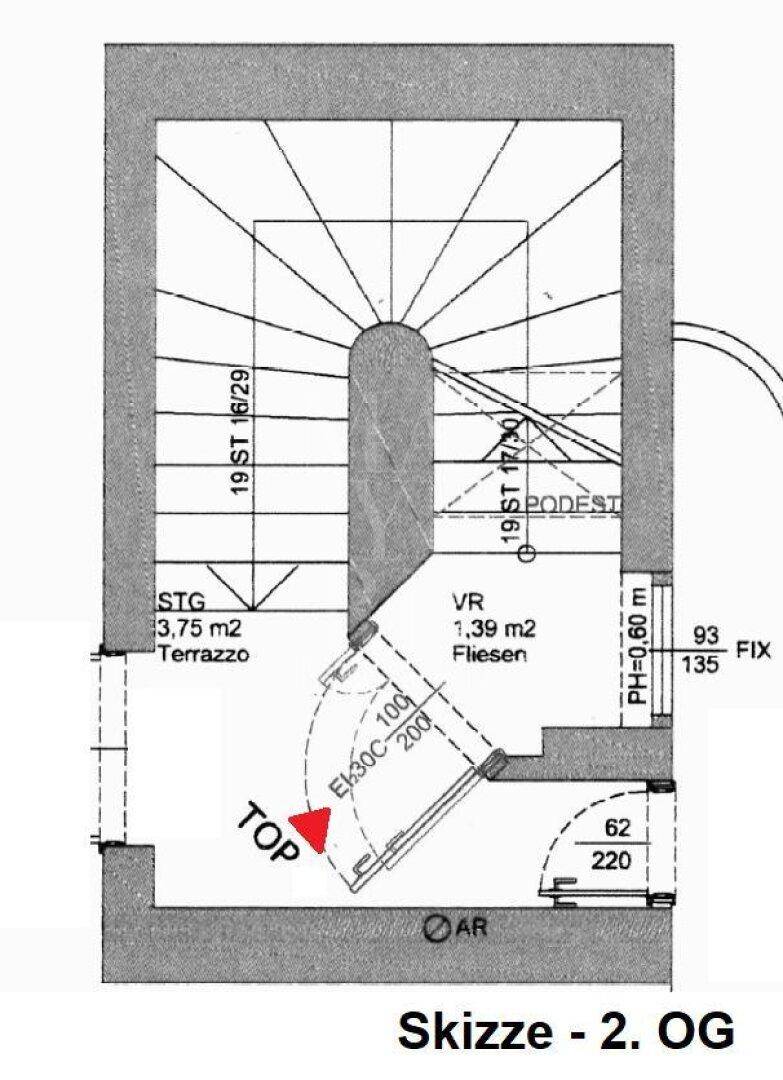 Grundriss der zweiten Etage mit Treppenhaus, Vorraum und Zugang zur Terrasse.