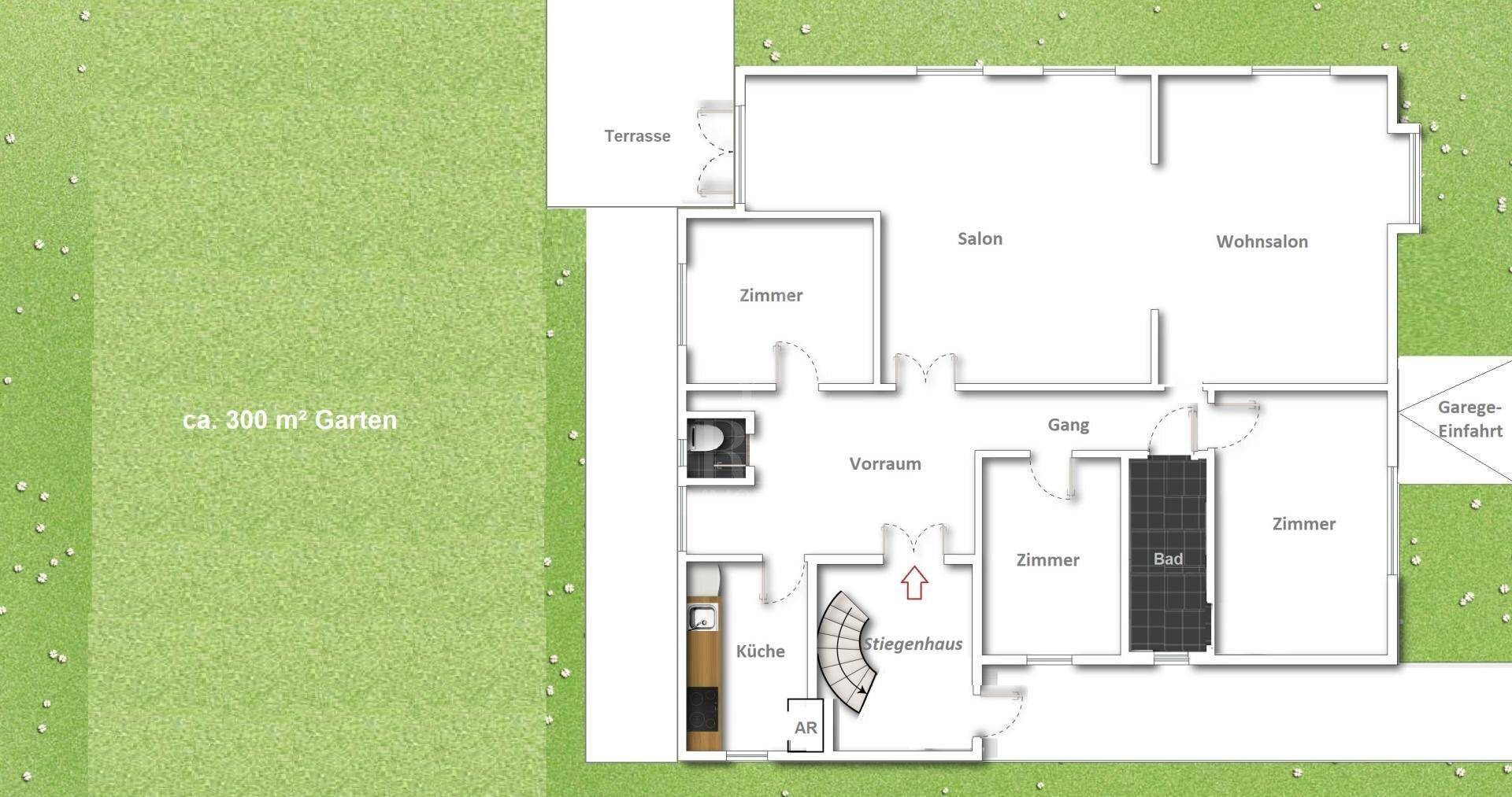 Grundriss mit mehreren Zimmern, einer Terrasse und einem großen Gartenbereich von ca. 300 m².