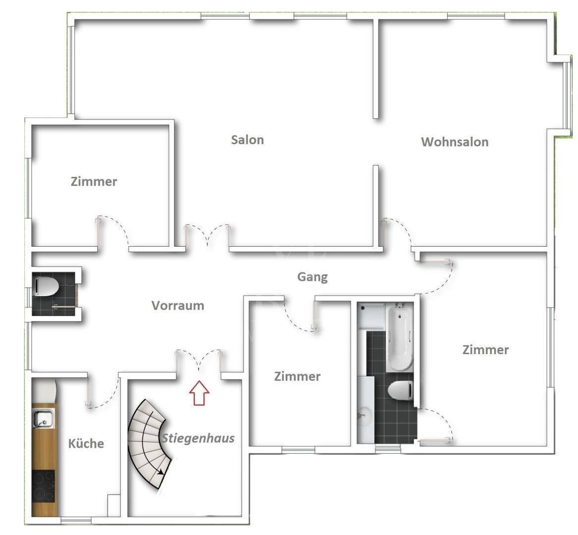 Grundriss einer Etage mit mehreren Zimmern, einem Salon, einer Küche und einem Treppenhaus.