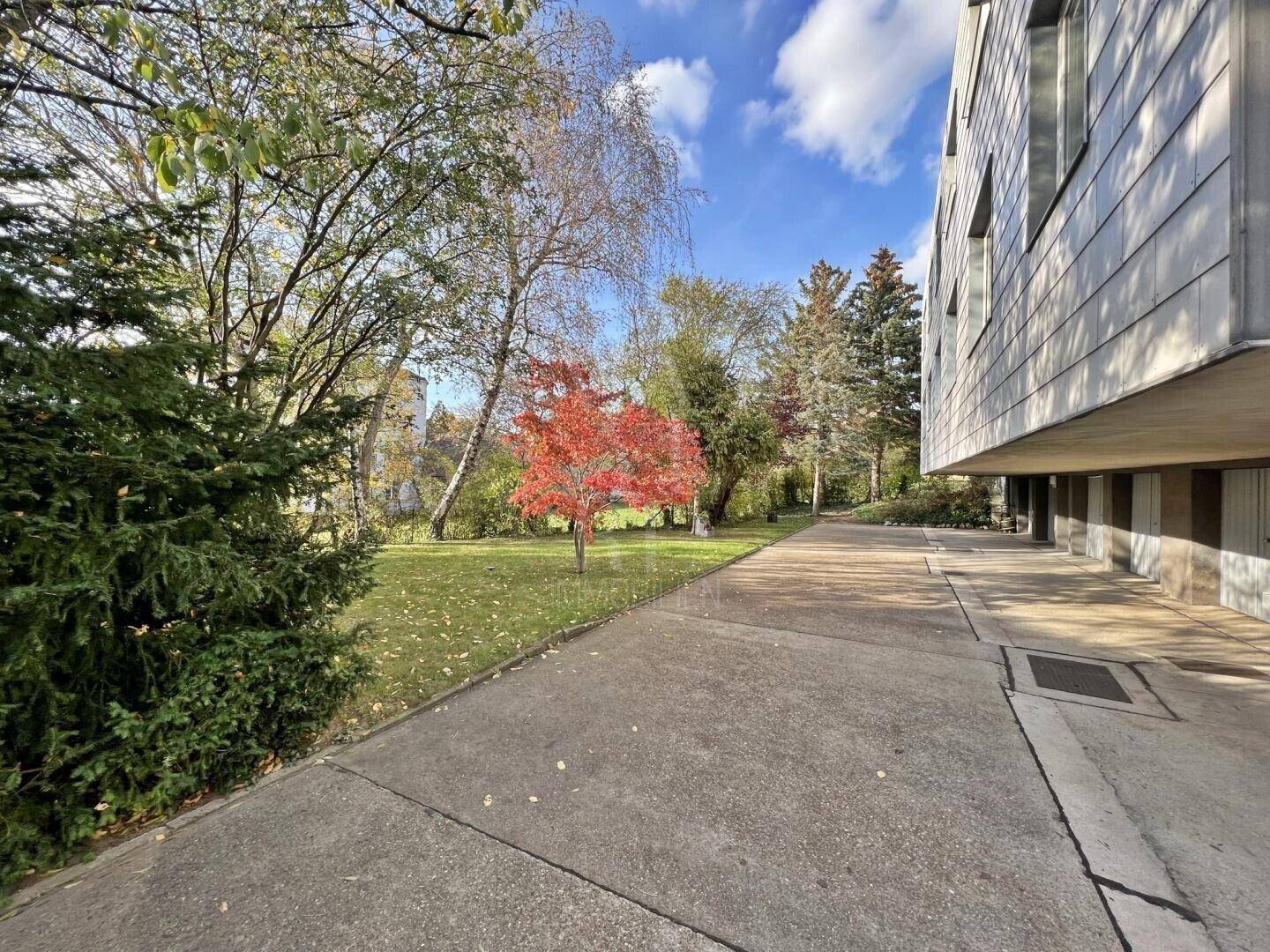 Gepflegte Grünfläche mit Bäumen und einem Weg neben dem Gebäude unter blauem Himmel.