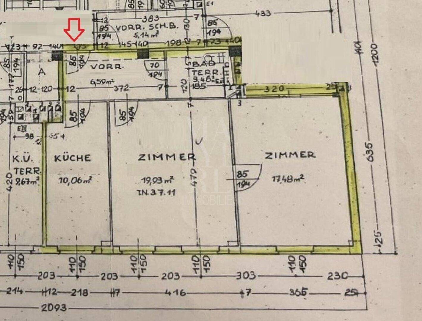 Detaillierter Grundriss der Wohnung mit Raumaufteilung und Flächenangaben.