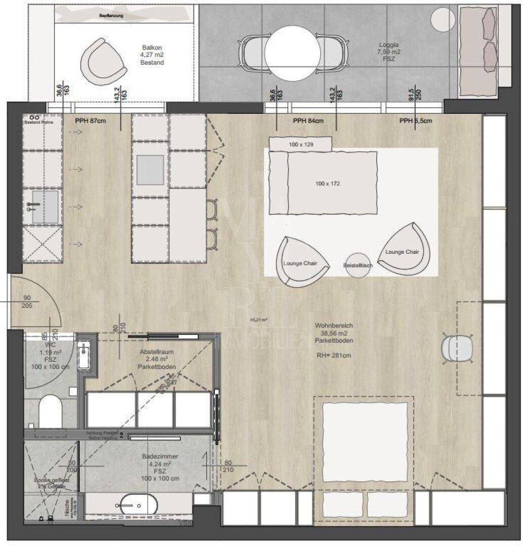 Detaillierter Grundriss der Wohnung mit offener Küche, Wohnbereich, Schlafzimmer und zwei Bädern.