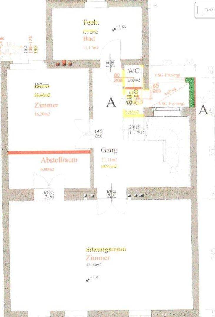 Grundriss des Obergeschosses mit Teeküche, WC, Büro, Abstellraum und großem Sitzungsraum.
