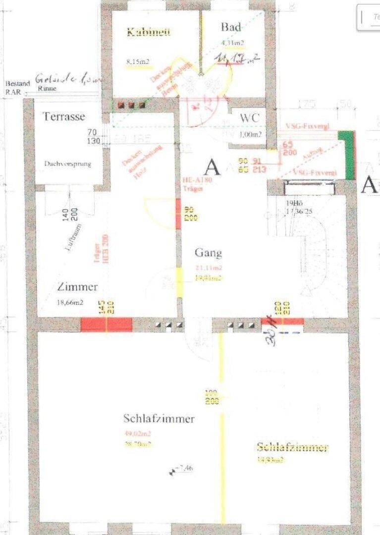 Grundriss des Obergeschosses mit Bad, WC, Terrasse, Zimmern und zwei Schlafzimmern.