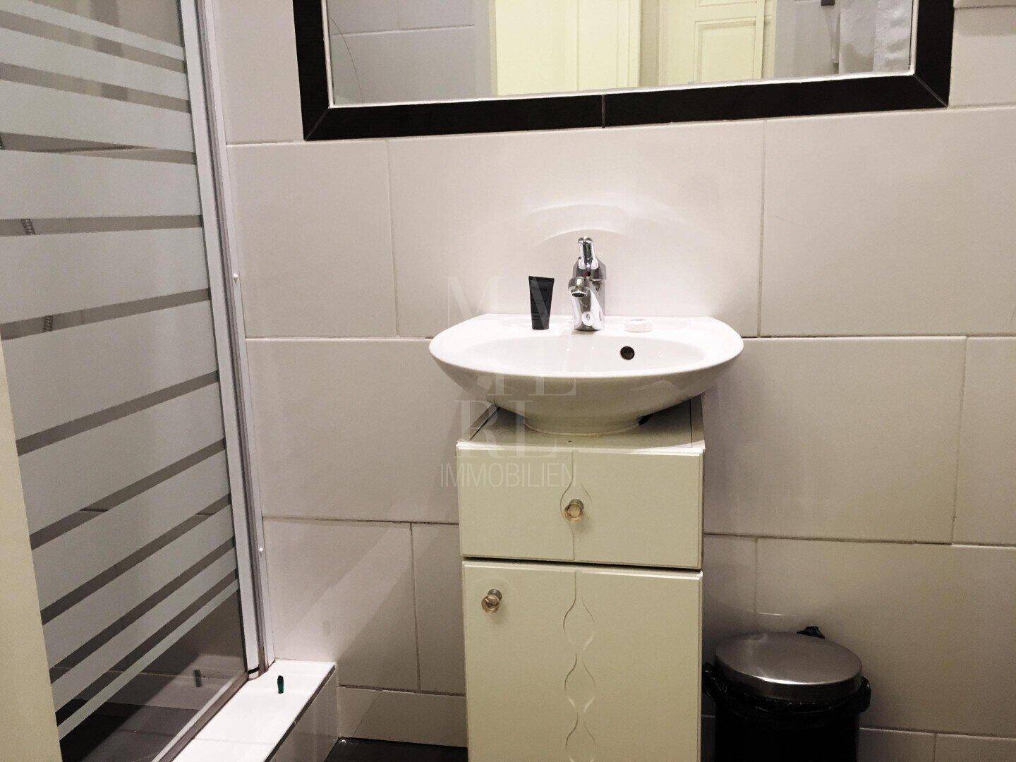 Badezimmer mit modernem Waschbecken, Duschkabine und großem Spiegel.