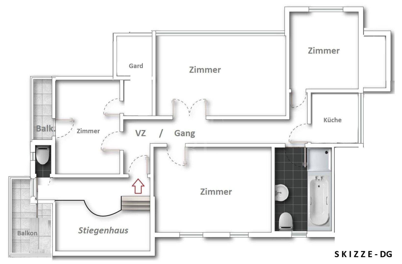 Skizze des Dachgeschosses mit Balkonen, Bad, Küche und mehreren Zimmern.