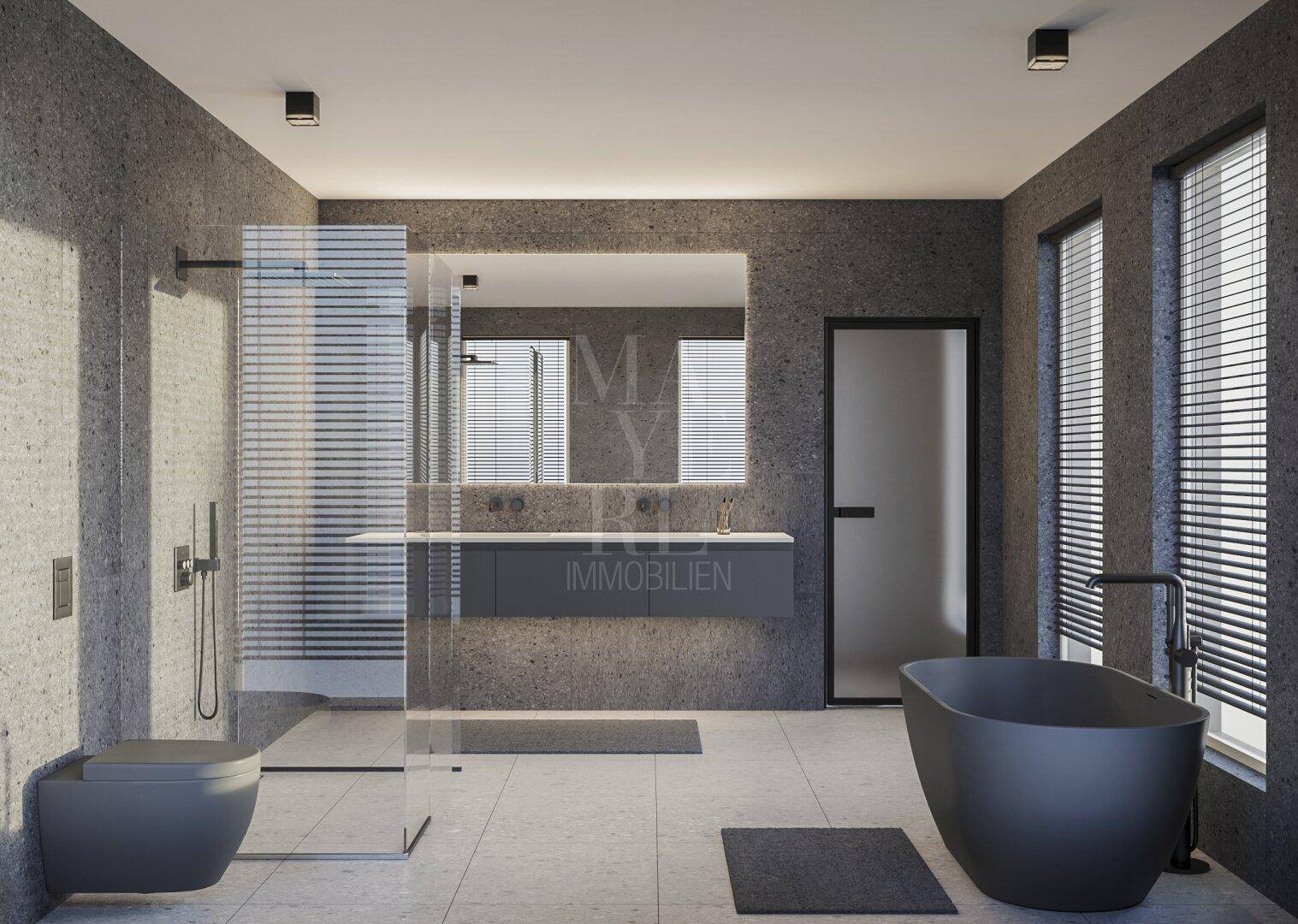 Luxuriöses Badezimmer mit freistehender Badewanne, begehbarer Dusche und Doppelwaschbecken.