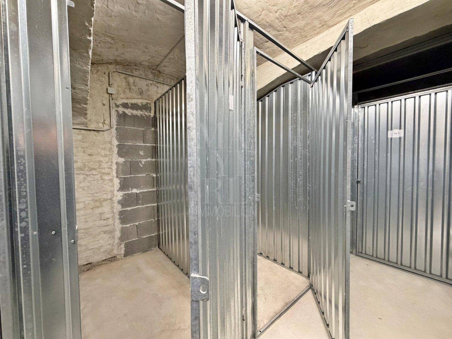 Mehrere Kellerabteile mit Metalltüren und Betonboden, die sich im Untergeschoss befinden.