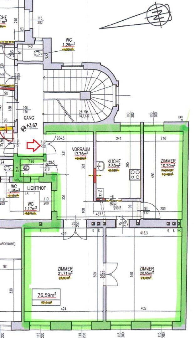 Grundriss des Erdgeschosses mit Küche, Zimmern und WC, inklusive Flächenangaben.