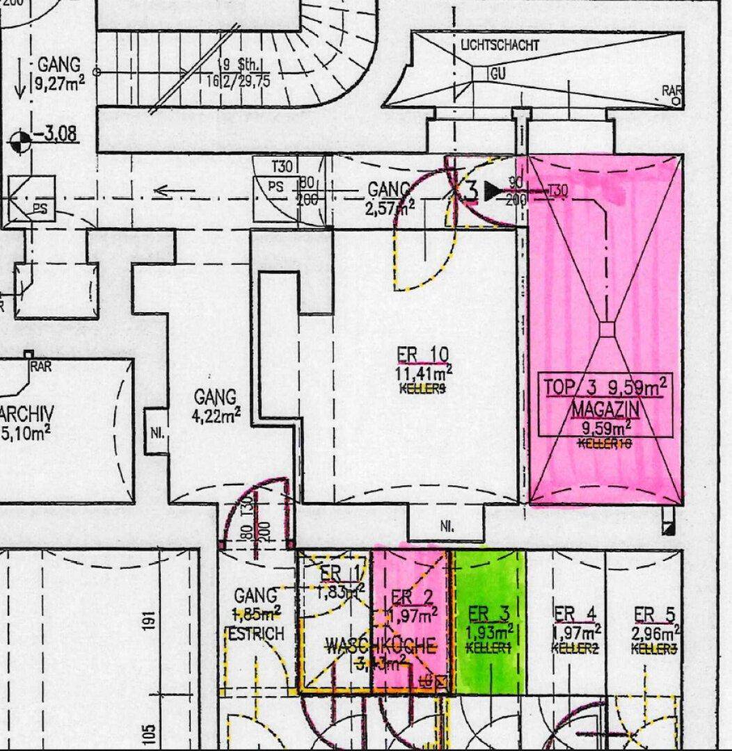 Grundriss des Kellergeschosses mit Waschküche und mehreren Abstellräumen.