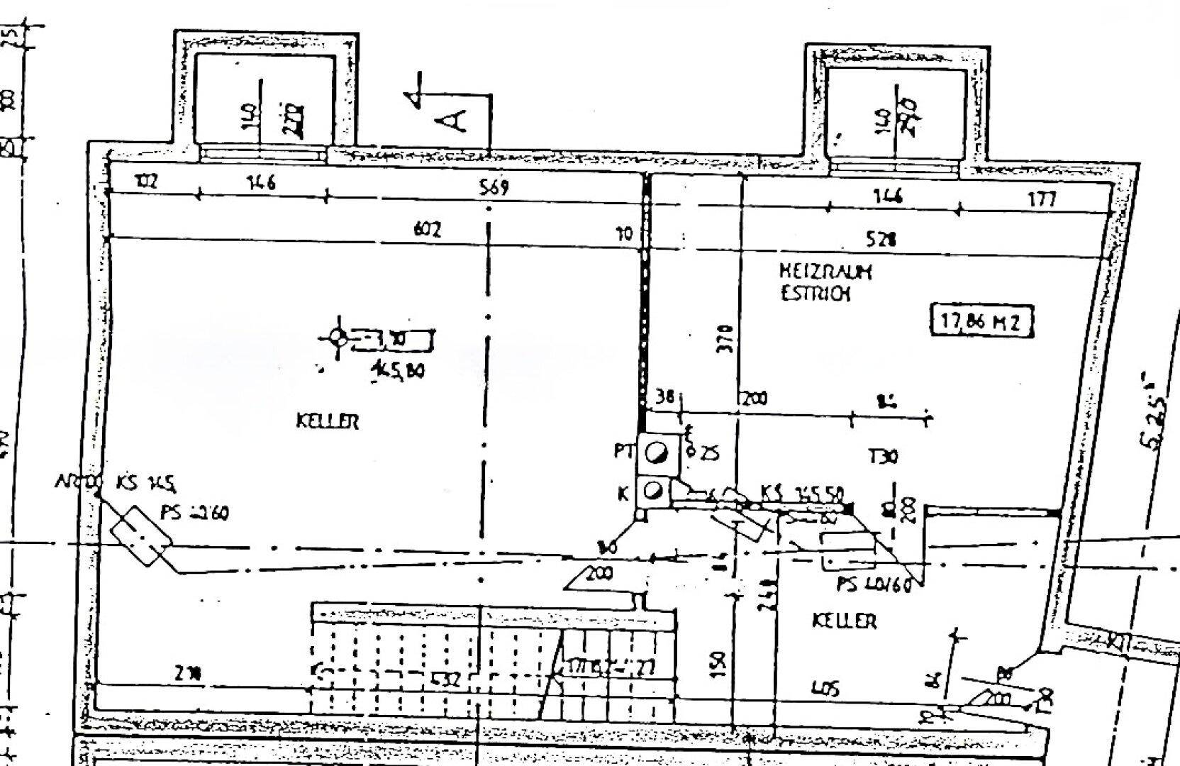 Grundriss des Kellergeschosses mit Heizraum und weiteren Kellerräumen.