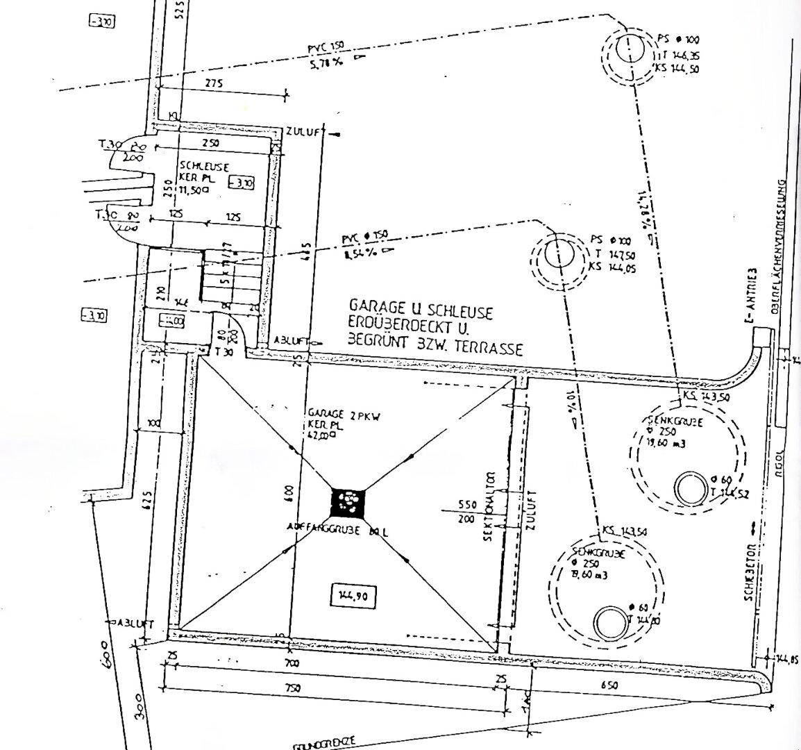 Lageplan mit Garage, Zufahrt und Außenanlagen des Grundstücks.