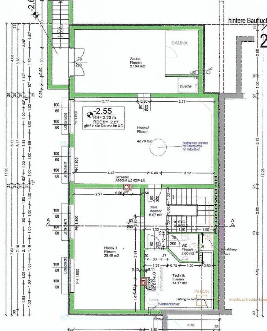 Grundriss des Kellers mit Sauna, Duschbereich, WC und vielseitig nutzbaren Hobbyräumen.