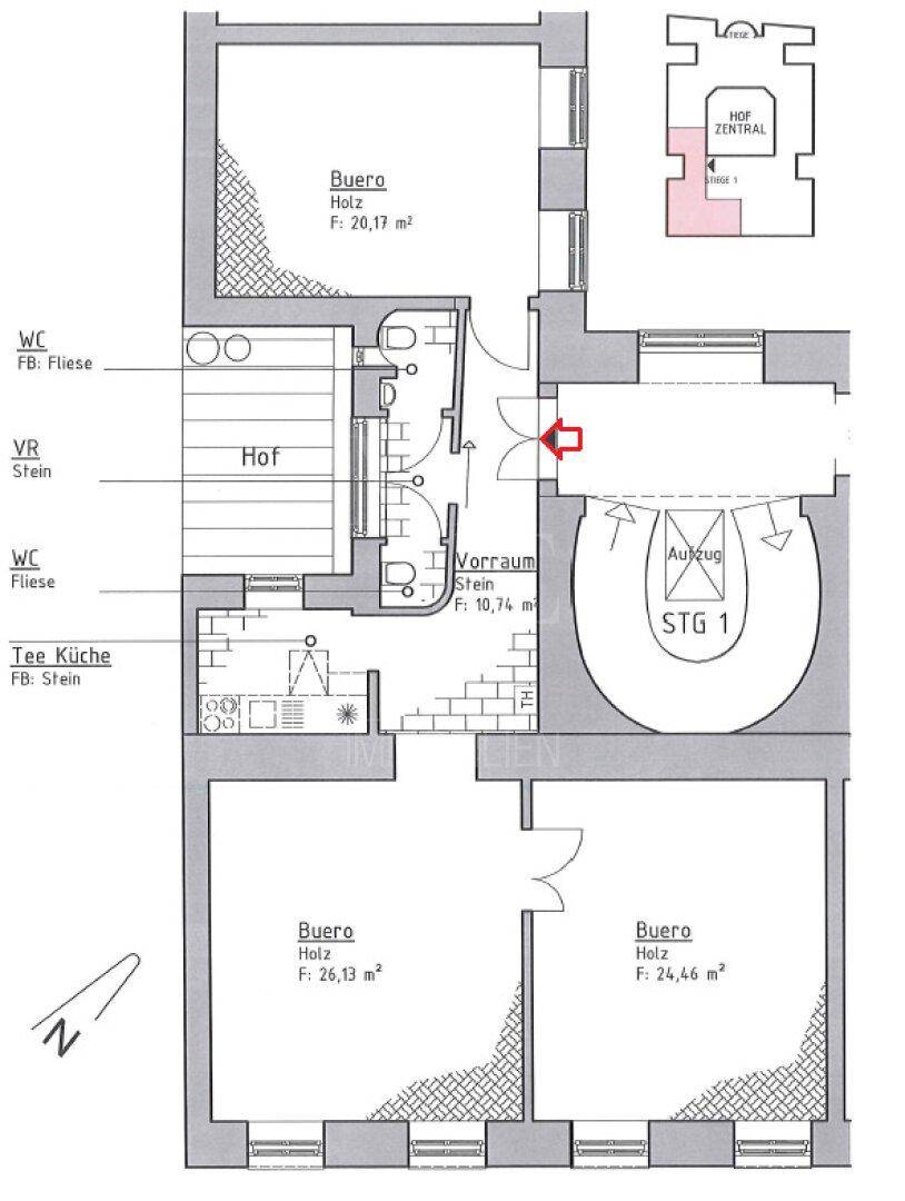 Grundriss des Bürobereichs mit drei Büros, Teeküche und Toiletten.