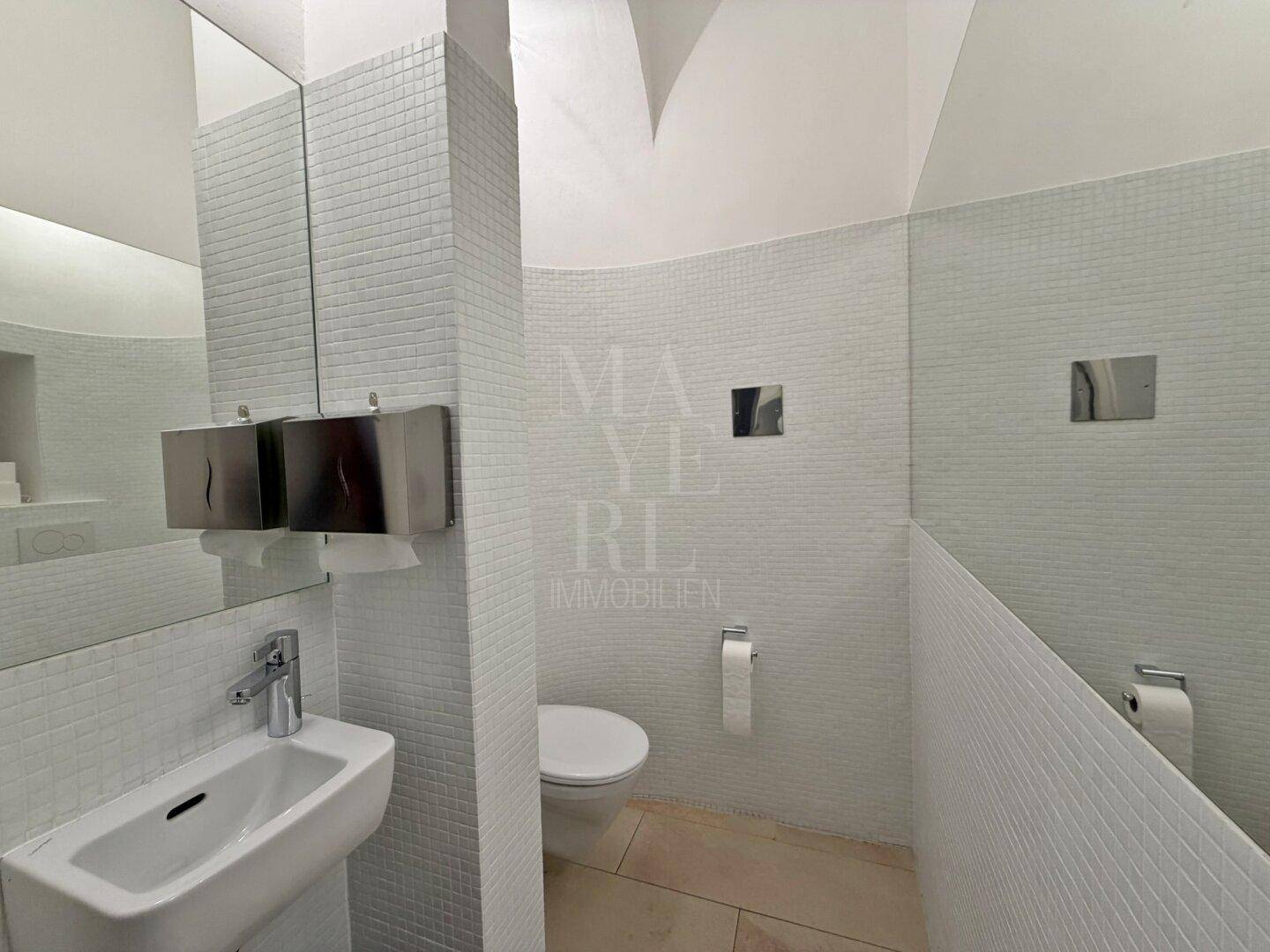 Sauberer Toilettenbereich mit Mosaikfliesen, wandhängendem WC und Waschbecken.